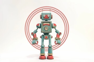 a circle frame portrait of a 50s robot, game character, 2d, white background  