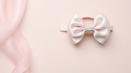 A minimalist baby headband adorned with a small fabric bow, placed elegantly atop a pastel backdrop alongside a dainty silver rattle.