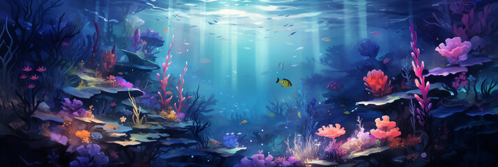Fantasy underwater landscape. Wide horizontal beautiful panorama. Deep blue ocean place. Marine life, nature, world. Banner, harder, poster, invitation, email. Digital painting. Generative Ai content - obrazy, fototapety, plakaty