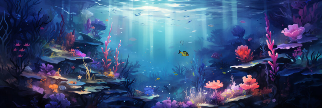 Fantasy underwater landscape. Wide horizontal beautiful panorama. Deep blue ocean place. Marine life, nature, world. Banner, harder, poster, invitation, email. Digital painting. Generative Ai content