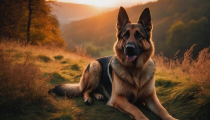 german shepherd, dog at dawn, purebred dog in nature, happy dog, beautiful dog - obrazy, fototapety, plakaty