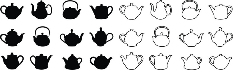Tea pot icon in flat and line style set. isolated on transparent background Tea kettle or teapot sign and symbol. teapots, drinking coffee pot. Abstract design Logotype art vector for apps website - obrazy, fototapety, plakaty