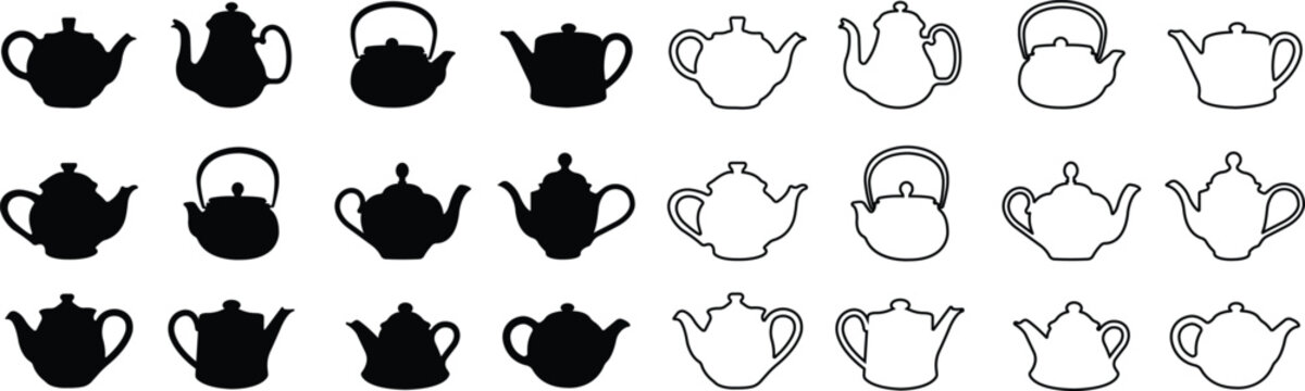 Tea pot icon in flat and line style set. isolated on transparent background Tea kettle or teapot sign and symbol. teapots, drinking coffee pot. Abstract design Logotype art vector for apps website