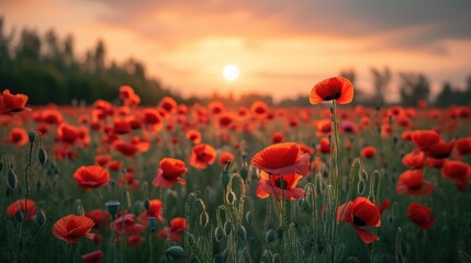 field with wild poppy seeds, sunrise on background