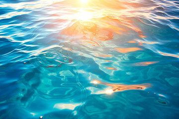 Underwater view of blue surface of ocean or sea. Abstract waves underwater and rays of sunlight