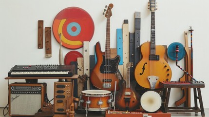 Naklejka premium a group of musical instruments including a guitar, drum, keyboard, tambourine.