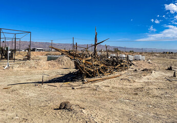 Bombay Beach, California, November 17, 2023: Looking at Makeshift Outdoor Art Pieces like a Pirate Ship frm Scrap