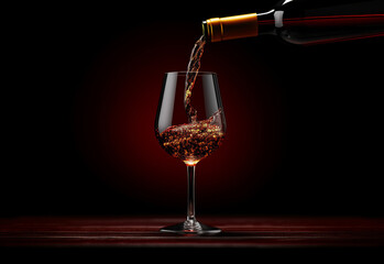 Wine is poured by a stream from a bottle directly into a glass goblet on a dark burgundy background with space for your text