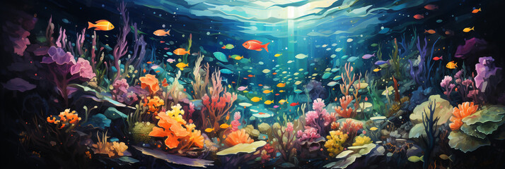 Obraz na płótnie Canvas Fantasy underwater landscape. Wide horizontal beautiful panorama. Deep blue ocean place. Marine life, nature, world. Banner, harder, poster, invitation, email. Digital painting. Generative Ai content