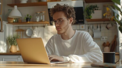 Focused young man wearing glasses using laptop, typing on keyboard, writing email or message, chatting, shopping, successful freelancer working online on computer, sitting in modern kitchen