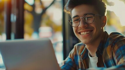Happy young man, wearing glasses and smiling, as he works on his laptop to get all his business done early in the morning with his cup of coffee - obrazy, fototapety, plakaty