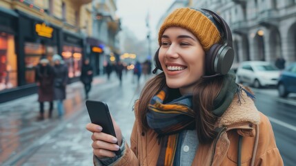 Happy young woman holding mobile phone enjoying music listening through wireless headphones on footpath