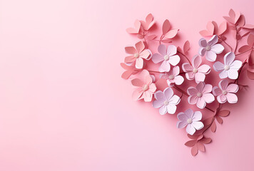 Fototapeta na wymiar Delicate Heart Crafted From Paper Flowers on a Pink Background