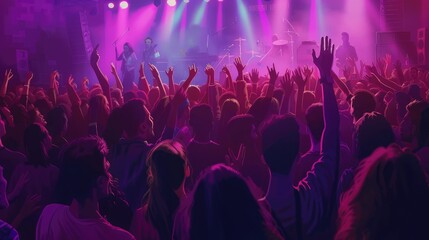 Fototapeta na wymiar many people enjoying rock concert, crowd with raised up hands dancing in nightclub, audience applauding to musician band, night entertainment, music festival, happy youth, luxury party