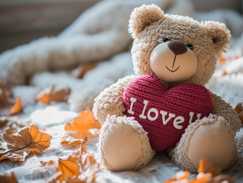 Cute teddy bear with red heart and text I love you on heart