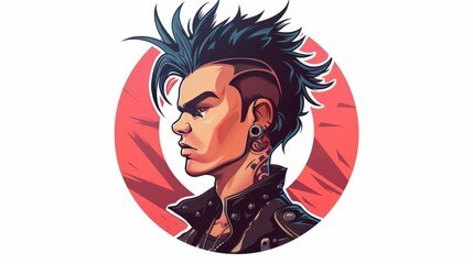 a circle frame portrait of a male punk rock, game character, 2d, white background - 