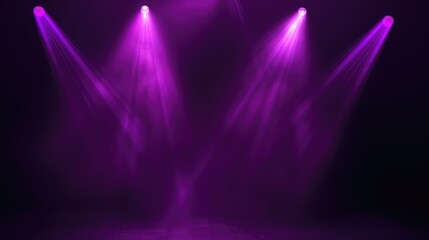 Stage lights. Several projectors in the dark. Purple spotlight strike through the darkness