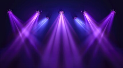 Stage lights. Several projectors in the dark. Purple spotlight strike through the darkness