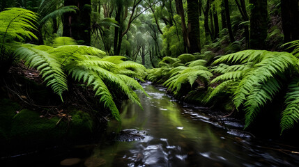A stream in the forest with moss covered rocks and ferns,,
A forest of green ferns and lush foliage

