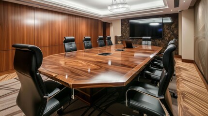 This modern conference room features a large wooden table and comfortable leather chairs creating an ideal space for important meetings and presentations.