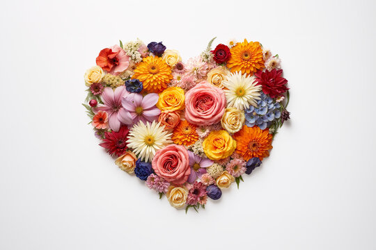 various flower heads laid out in shape of a heart isolated on white background