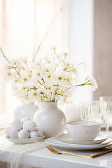 Obraz na płótnie Canvas Spring flowers, Happy Easter background. White Easter eggs