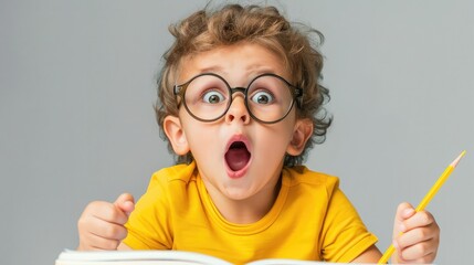 Surprised cute child in eyeglasses, writing in notebook using pencil, keeping mouth wide open. Four...