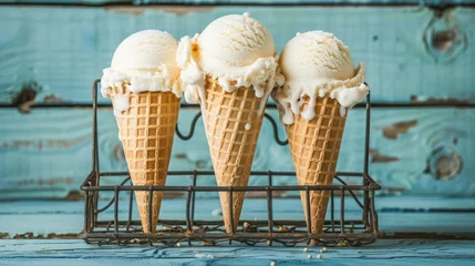 Foto op Plexiglas Three ice cream cones in a metal basket on blue wooden vintage background © buraratn