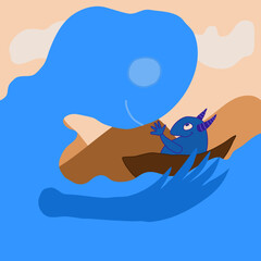 A giant sea wave creature smiling to a small blue monster in a boat. Concept of unlikely friendship. 