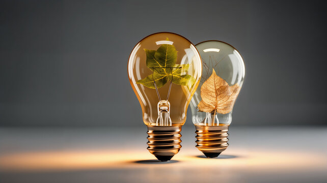 renewable energy concept, light bulbs with leaves inside isolated on solid background