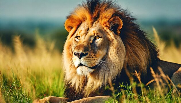lion in the grass hd 8k wallpaper stock photographic image