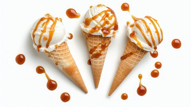 vanilla ice cream with caramel sauce isolated on white background, top view