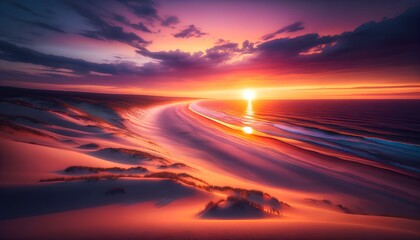 Questa foto ritrae un tramonto mozzafiato su una spiaggia deserta. Il cielo si tinge di sfumature vivaci di arancio, rosa e viola, mentre il sole, appena sotto l'orizzonte, diffonde una luce dorata.. - obrazy, fototapety, plakaty