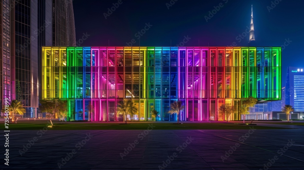 Poster the office buildings exterior is transformed into a colorful landscape at night with the combination