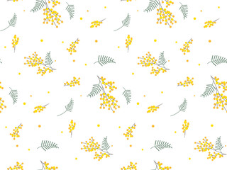 Yellow Mimosa Branches seamless Pattern. Spring Blooming flower. Simple Flat design illustration. Seasonal Botanical background