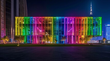 The office buildings exterior is transformed into a colorful landscape at night with the combination of lights and architecture creating a stunning visual display.