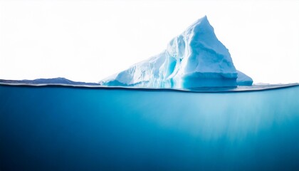 iceberg isolated on white blue background hidden danger and global warming concept nature magazine illustration above and below water water line copy space