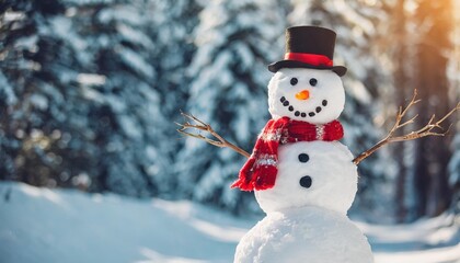 snowman in winter forest christmas and new year holidays background
