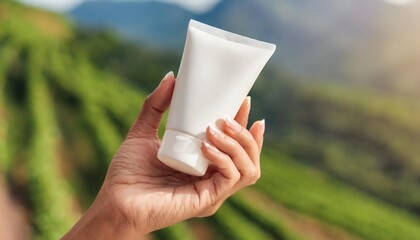 woman hand showing cream product cosmetic product branding mockup daily skincare and body care routine female hand holding cosmetic product mockup close up - Powered by Adobe