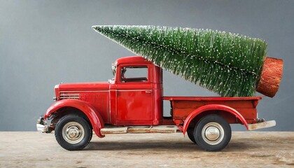 old red truck with christmas tree on gray background 3d rendering 3d illustration