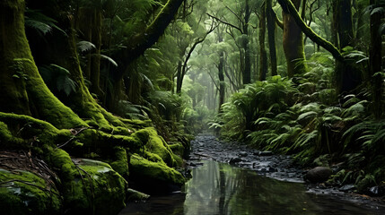 A forest with mossy trees and a stream,,
Exotic Rainforest Creek

