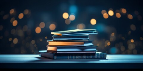 Stack of hardcover colorful and diffrent books on Blue Surface with Bokeh Lights Background. World book day, International literacy day, concept of education and learning. Generative ai - obrazy, fototapety, plakaty