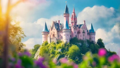 illustration of a fairytale dreamlike castle in pastel colors magical and mystical medieval kingdom