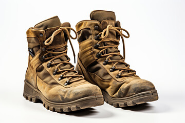 Old worn military boots on a white background. Generated by artificial intelligence