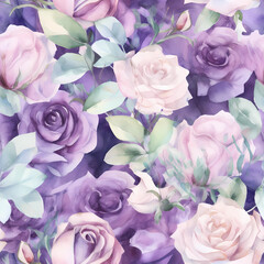Seamless floral pattern with watercolor purple roses and green leaves. Print for wallpaper, cards, fabric, wedding stationary, wrapping paper, cards, backgrounds, textures