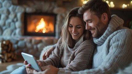A couple reviewing their financial investment plan on a digital tablet with a cozy fireplace in the background - obrazy, fototapety, plakaty