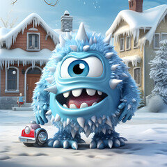 Charming Icy Blue Car Monster. Encounter an icy blue car monster boasting frosty windows and snowflake hubcaps, depicted in charming 3D cartoon.