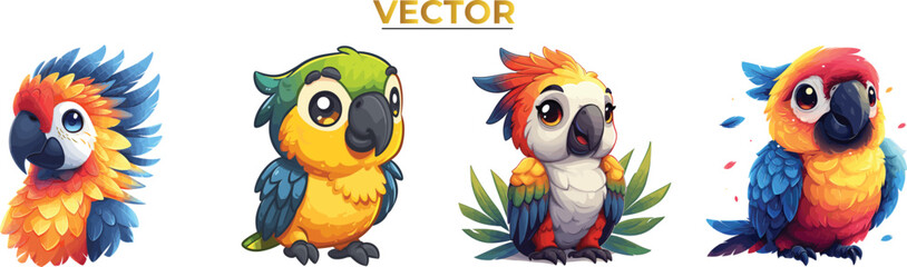 Playful Parrot Vector: Happy Animal Character for Logo & Design Sets. Lovely Little Animal Illustration Set for Various Purposes