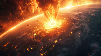 Explosion on planet earth view of space, nuclear explosion, comet crashed into earth disaster