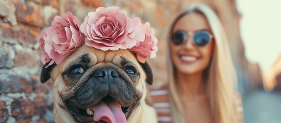 Beautiful woman wearing a gorgeous flower crown posing with her adorable pet dog in a stunning outdoor setting
